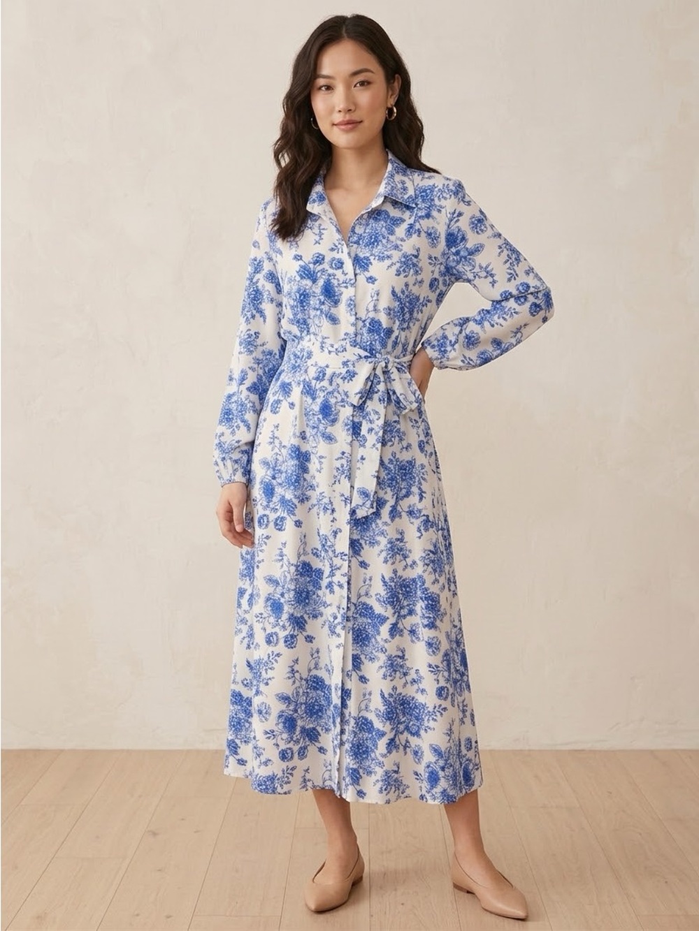 BloomChic Blue and White Floral Shirt Midi Dress with Waist Tie